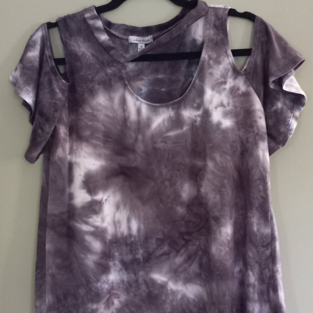 Unique shape,  flowy, cold shoulder, tie dyed top bought at a Boutique
